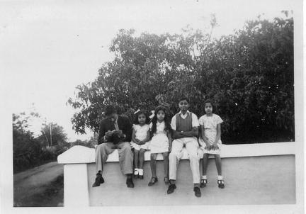 Five children sitting on a wall