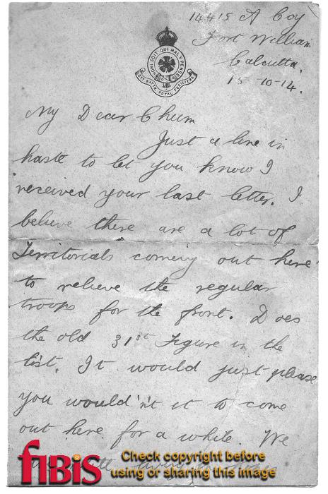 Letter from Fort William 1914