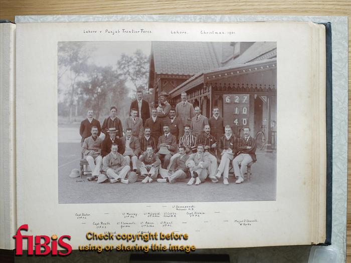 Lahore v Punjab Frontier Force Lahore Christmas 1901	"Top Row: unnamed, unnamed, Lt. Szezepanski (Peshawur MB) 2nd Row: Capt. Slater (2nd PC), unnamed, Lt. Murray (2nd PC), Lt. Milward (3rd Sikhs), Lt. Cobbe (Kohat MB), Capt. Elsmie (5th PC), unnamed. 3rd