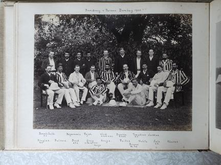 Presidency v Parsees Bombay 1900	"Back row: Boswell-Smith (CS), Belgaumwala, Rajah, Wood (W. Yorks ADC), Duncan (R. Scots), Tompkins (RA), Jardine. Front row: Douglas (RA), Bulsara, Bond (RFA), Greig (7th Bom Inf. ADC), Kanga, Raikes, Mehta, Sale (CS), Kh
