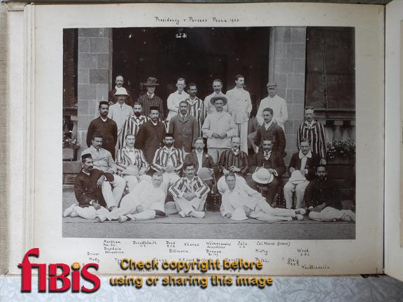 Presidency v Parsees Bombay 1900	"Back row: Markham -Hon Secretary, Bosworth-Smith (CS), Bond (RFA), Kharas, Welman- umpire (Shropshires), Sale (CS), Col. Morse - scorer. 3rd row: Drysdale (Shropshires), Billimoria, Browne (Bom Inf), Mistry, Wood (ADC). 2