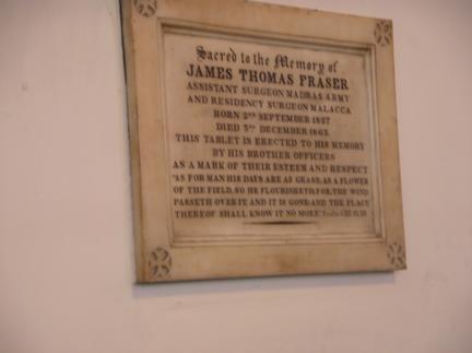 Memorial to James Thomas Frazer Assistant Surgeon Madras Army