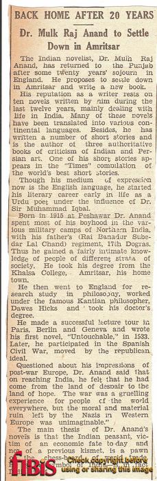 Undated newspaper clipping announcing the return of Mulk Raj Anand