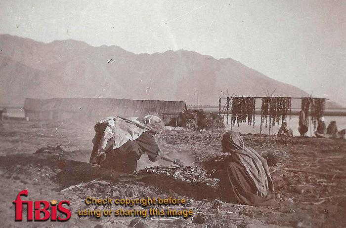 Drying and smoking fish on the edge of Wular Lake Srinagar 1911.jpg