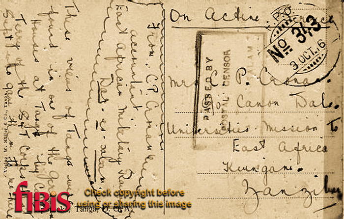reverse of postcard of Tanga Hospital 1916