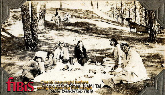 FA2 2 1 1933 9 Jan Picnic at the Pines Naini Tal From left Eric, Pearl Lissenborough, Gladys L, Heather L, Itali Monks, Bel Monks