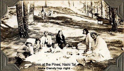 FA2 2 1 1933 9 Jan Picnic at the Pines Naini Tal From left Eric, Pearl Lissenborough, Gladys L, Heather L, Itali Monks, Bel Monks
